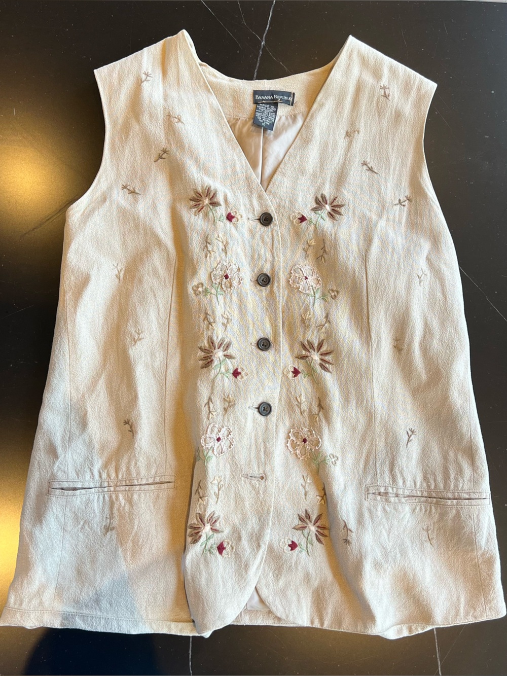 Vintage Banana Republic Embroidered Linen Blend Vest - Beige Boho - Size 10